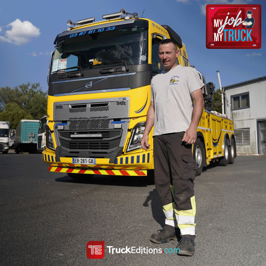 Jean-Christophe Paluch devant son Volvo FH 16 550 ch, qu’il a surnommé Charlène.