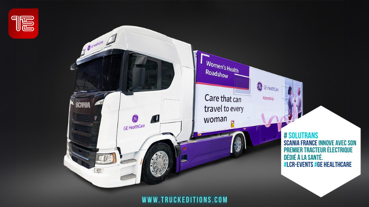 Le tracteur électrique Scania 45 S de LCR-Events pour GE HealthCare et le projet Mammo Solidaire