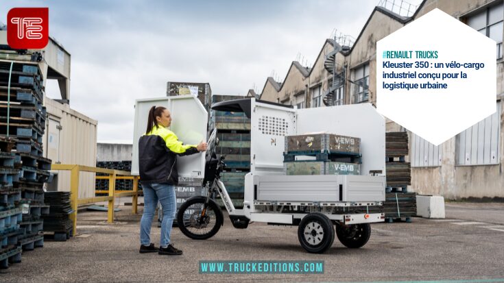 Femme chargeant un vélo-cargo Kleuster 350 devant entrepôt industriel
