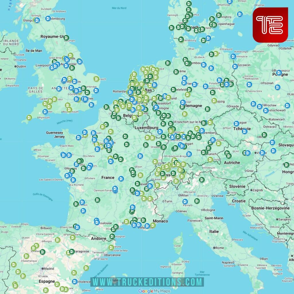 capture d'écran : Carte Renault Trucks des stations de recharge pour camions électriques en Europe