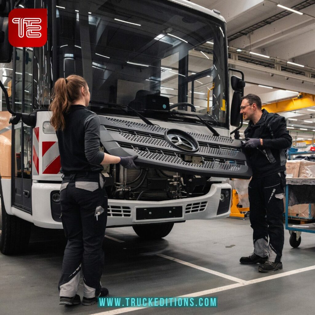 Camion reECONIC vue extérieure avec deux opérateurs sur chaine de montage Mercedes-Benz Trucks