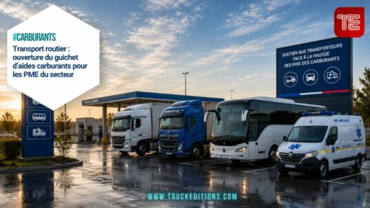 Aire logistique française avec poids lourds, autocar et ambulance devant une station carburant au lever du jour - aide prix carburant transport public