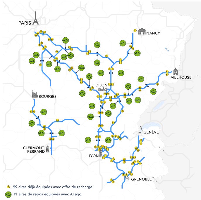 Carte des 31 aires de repos APRR équipées de bornes Allego