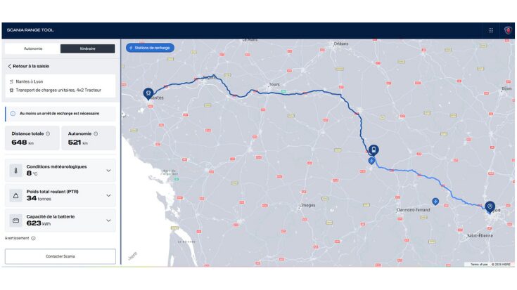 Interface Scania Range Tool avec simulation d'itinéraire