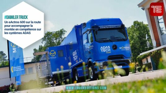 Vue avant du Mercedes-Benz eActros 600 utilisé pour la tournée ADAS Tech Tour