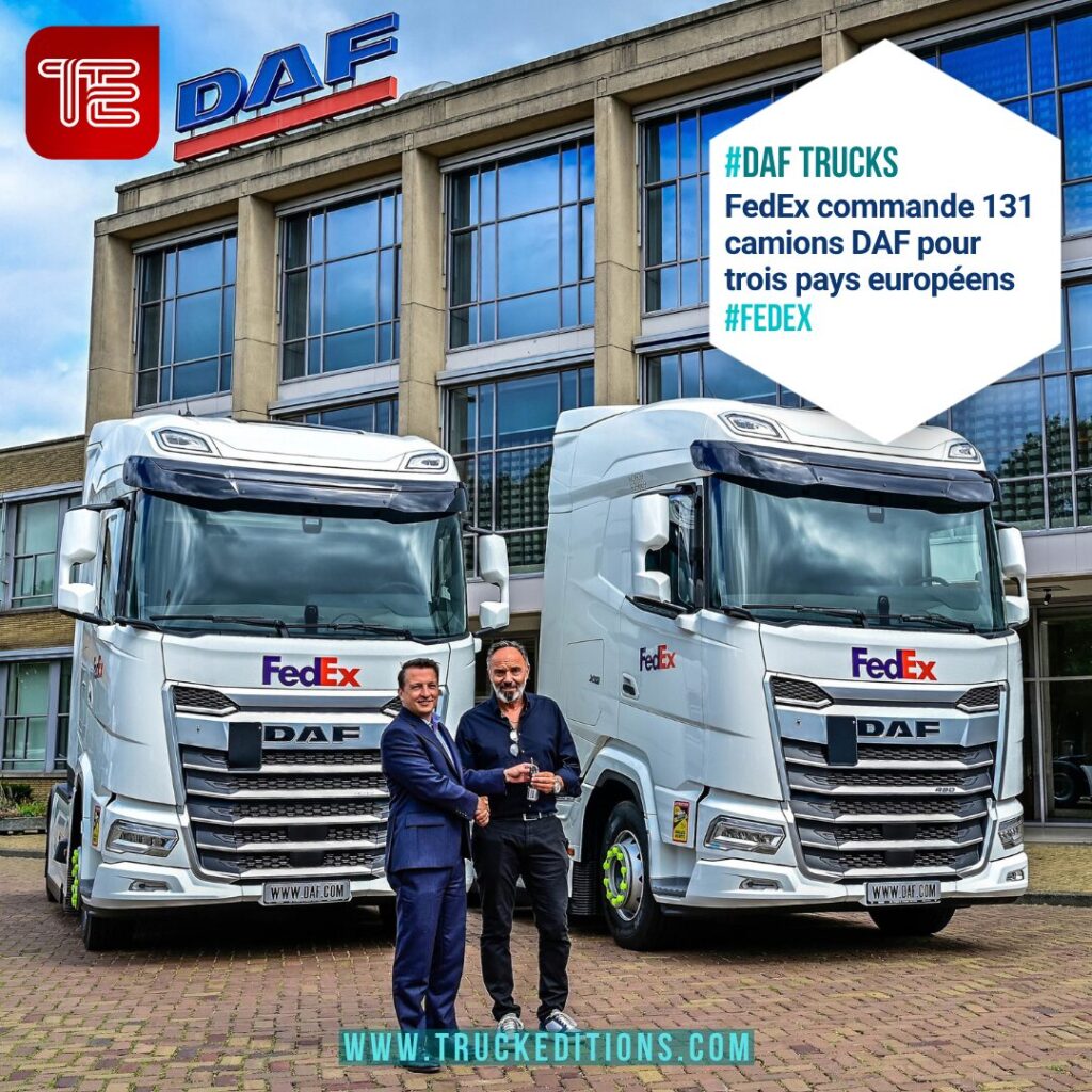 Michael Rudolph, responsable de la planification et de l’ingénierie de FedEx en Europe, reçoit les clés des premiers véhicules des mains de David Kiss, directeur commercial Europe de DAF Trucks.